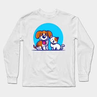 Cute Dog And Cat Friend Cartoon Illustration Long Sleeve T-Shirt